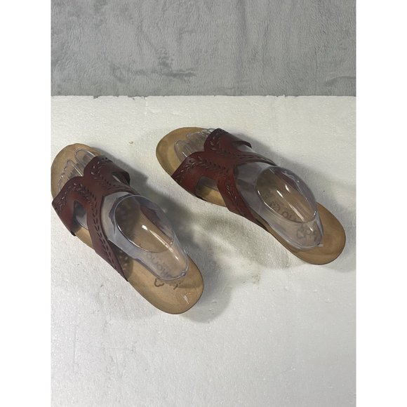 YOKONO Womens size 9.5 Redish Brown Strap Wedge Sandals Slip On Leather Cork - Picture 9 of 16